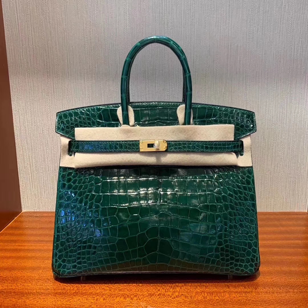 Hermès（爱马仕）Birkin 铂金包 亮面方块 美洲鳄鱼 Shiny Alligator Crocodile CK67祖母绿 金扣 25cm