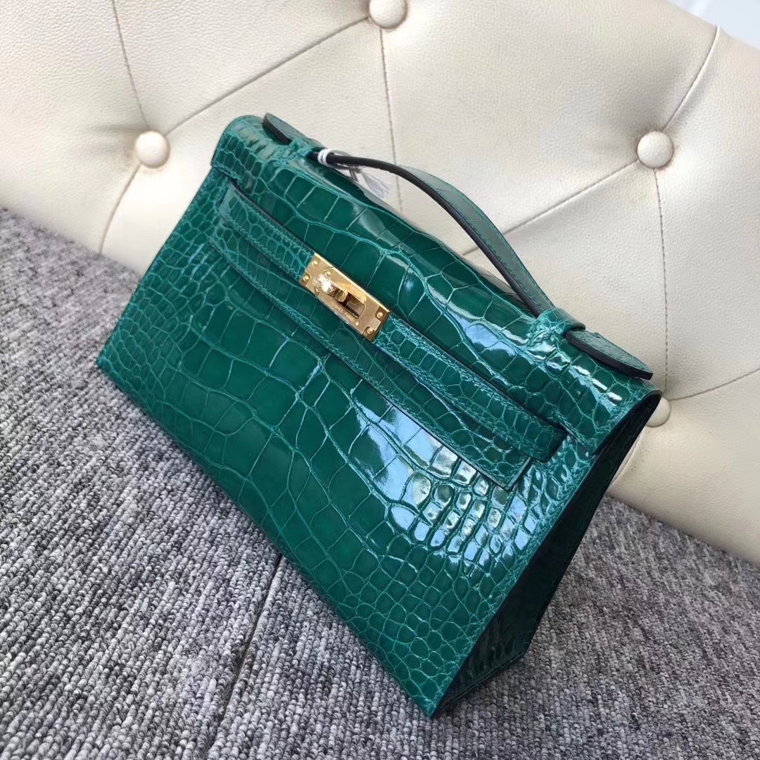 Hermès（爱马仕）Mini Kelly Pochette 22cm 亮面方块 美洲鳄鱼 6Q翡翠绿 Vert Emeraude 金扣