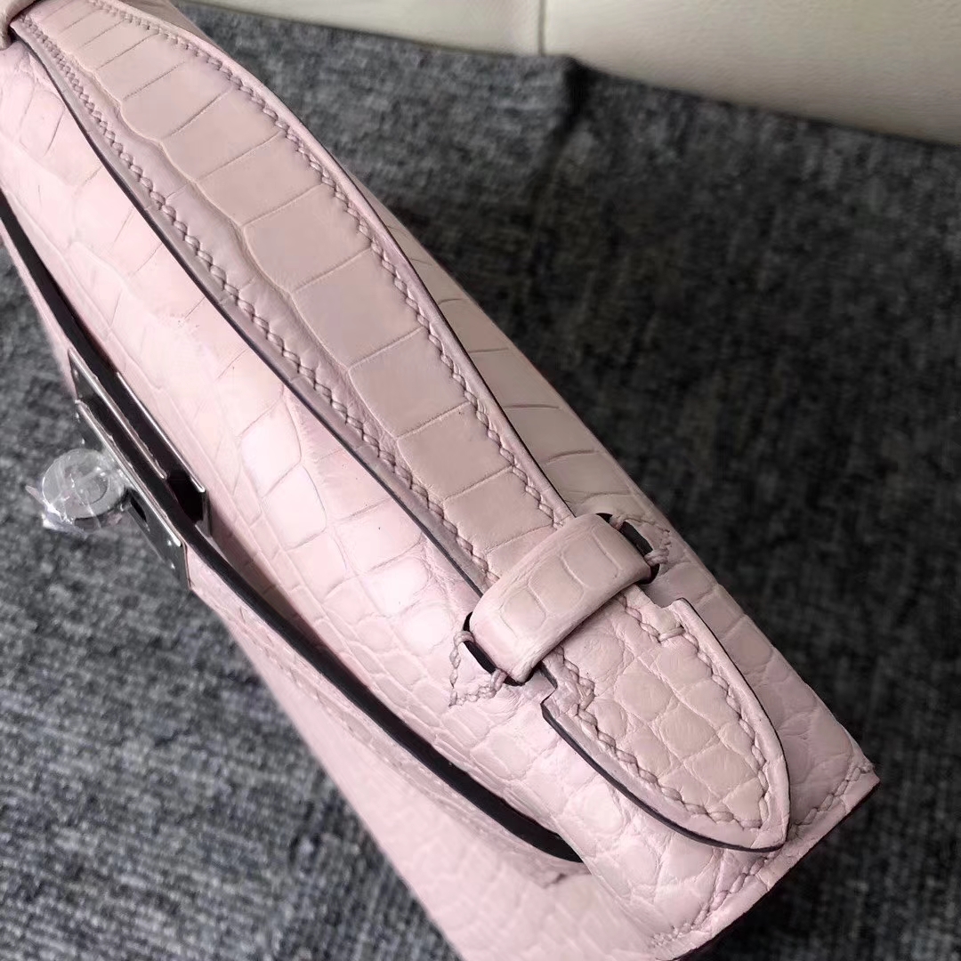 Hermès（爱马仕）Mini Kelly Pochette 22cm 雾面方块 美洲鳄鱼 Matte Alligator Crocodile 3Q粉 银扣