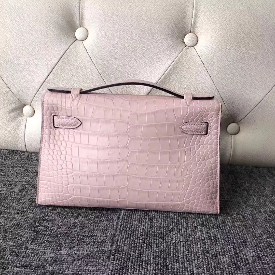Hermès（爱马仕）Mini Kelly Pochette 22cm 雾面方块 美洲鳄鱼 Matte Alligator Crocodile 3Q粉 银扣