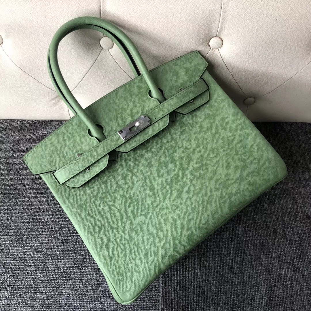 Hermès（爱马仕）Birkin 铂金包 Epsom 原厂掌纹皮 3I 蟋蟀绿 牛油果绿 银扣 30cm