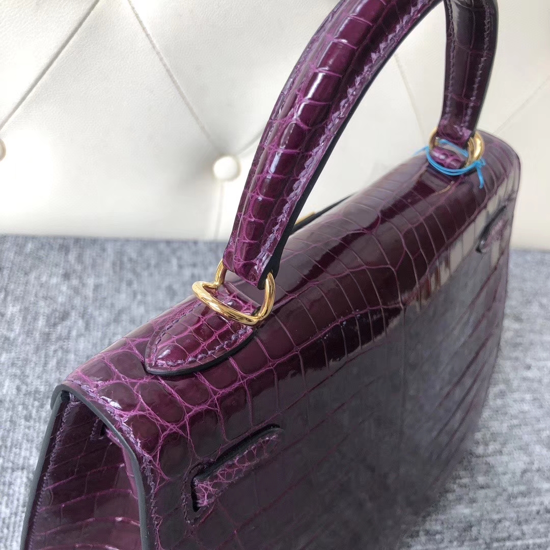 Hermès（爱马仕）Kelly 25cm Crocodile  shiny 亮面鳄鱼  玫红紫 金扣 顶级手缝 现货