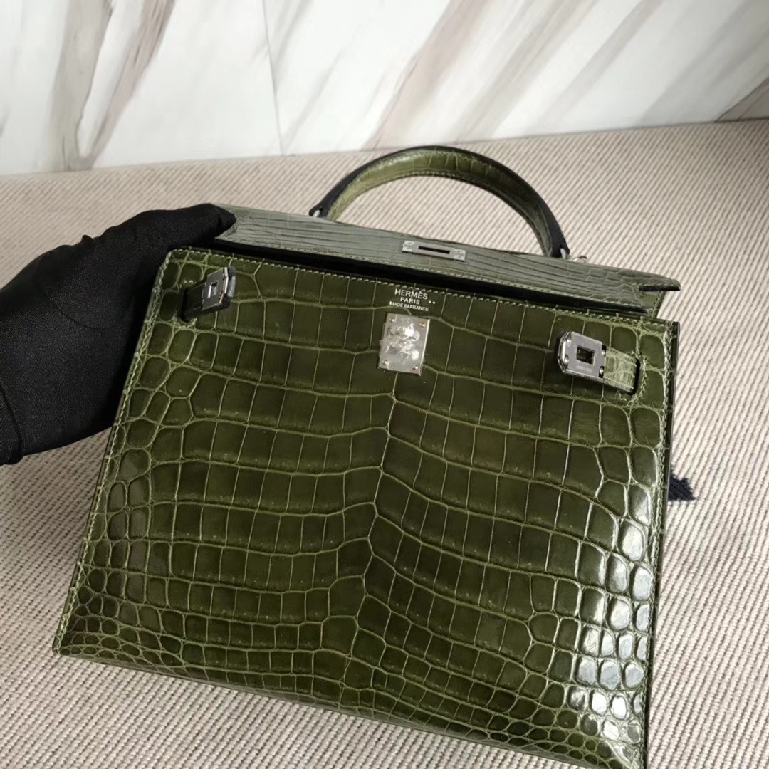 Hermès（爱马仕）Kelly 25cm Crocodile shiny 亮面鳄鱼 6H橄榄绿 银扣 顶级手缝 现货