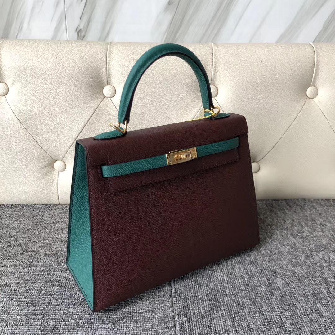 Hermès(爱马仕)Kelly 25cm Epsom 原厂掌纹皮 ck57 波尔多酒红 z6 孔雀绿 金扣 马蹄印-拉尔森鳄鱼皮具定制 - 爱马仕包包官网 Hermès(爱马仕)Kelly 25cm Epsom 原厂掌纹皮 ck57 波尔多酒红 z6 孔雀绿 金扣 马蹄印