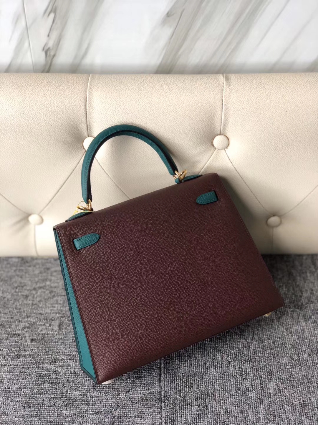 Hermès（爱马仕）Kelly 25cm Epsom 原厂掌纹皮 ck57 波尔多酒红 z6 孔雀绿 金扣 马蹄印