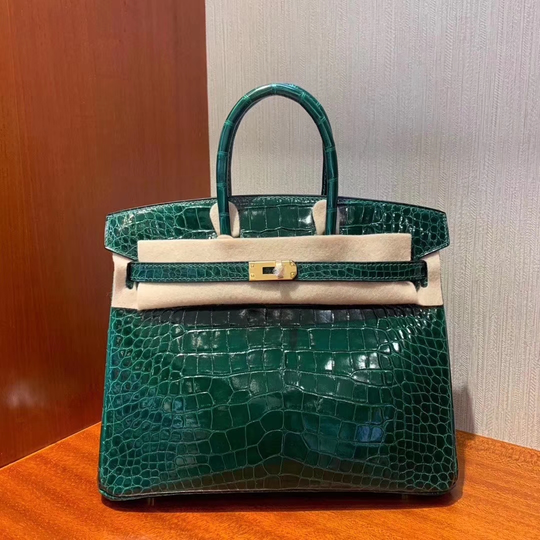 Hermès（爱马仕）Birkin 铂金包 亮面方块 美洲鳄鱼 Shiny Alligator Crocodile CK67祖母绿 金扣 25cm