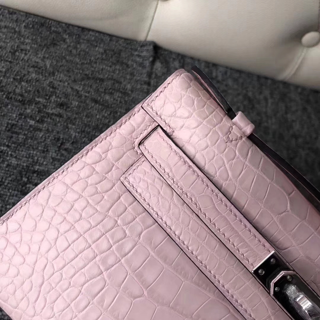 Hermès（爱马仕）Mini Kelly Pochette 22cm 雾面方块 美洲鳄鱼 Matte Alligator Crocodile 3Q粉 银扣