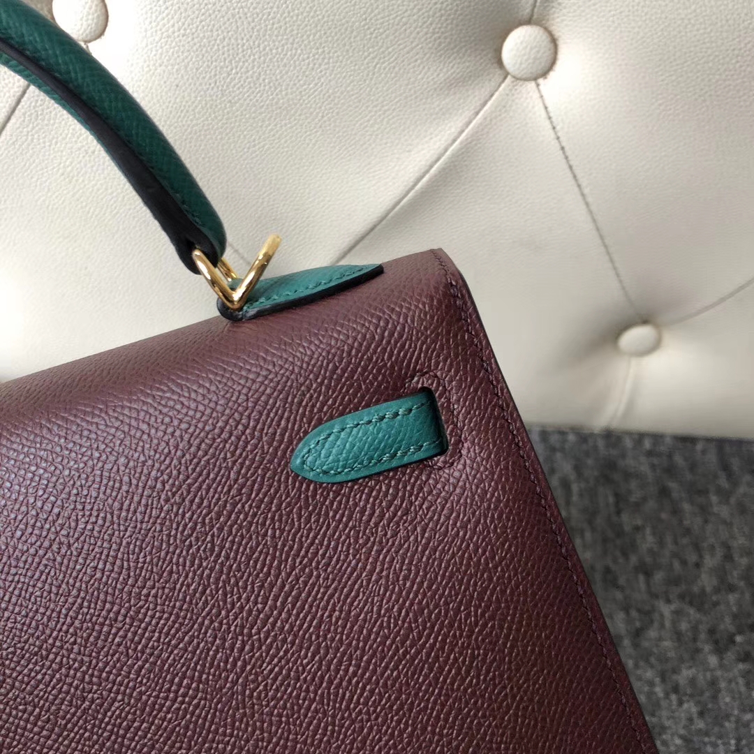 Hermès（爱马仕）Kelly 25cm Epsom 原厂掌纹皮 ck57 波尔多酒红 z6 孔雀绿 金扣 马蹄印