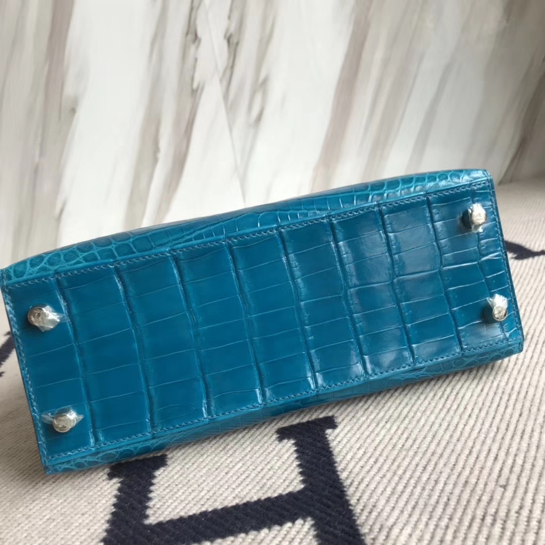 Hermès（爱马仕）Kelly 25cm Crocodile 亮面鳄鱼 7w 伊兹密尔蓝 银扣 顶级手缝 现货