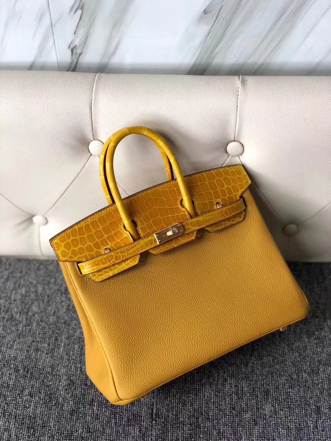 Hermès（爱马仕）Birkin 25cm touch 系列 9D 琥珀黄 Ambre 鳄鱼 金扣 现货