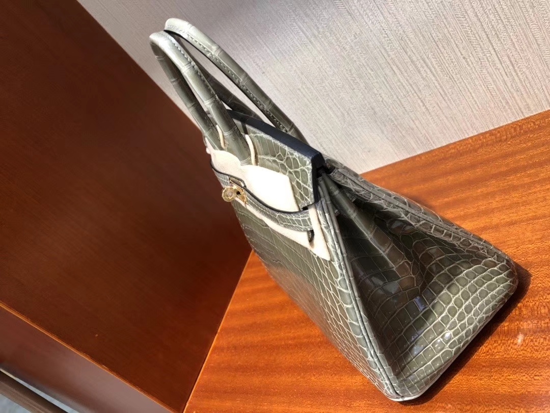 Hermès（爱马仕）Birkin 铂金包 Crocodile shiny 亮面鳄鱼 ck81 斑鸠灰 金扣 25cm