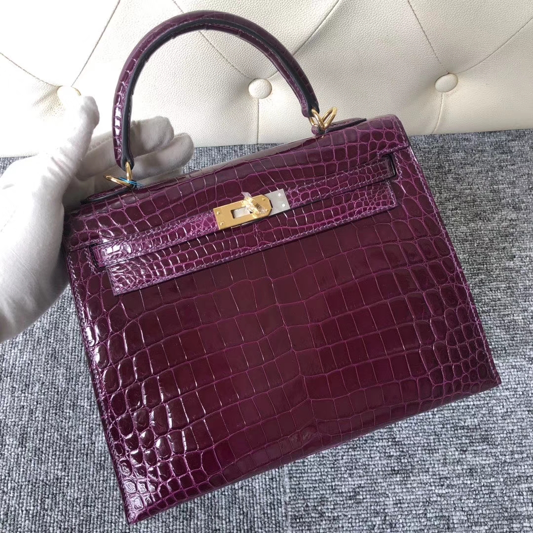 Hermès（爱马仕）Kelly 25cm Crocodile  shiny 亮面鳄鱼  玫红紫 金扣 顶级手缝 现货