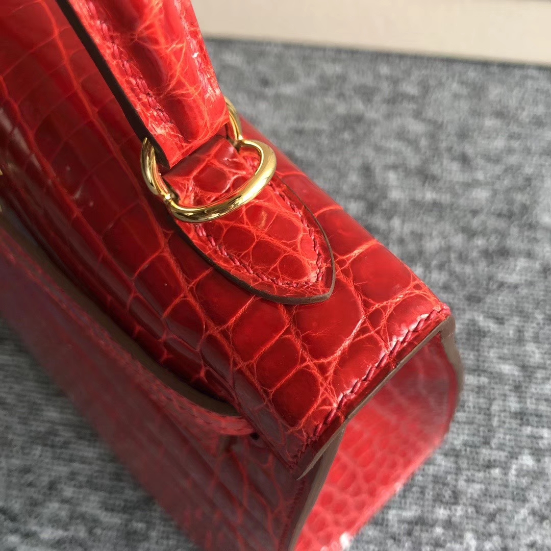 Hermès（爱马仕）Kelly 25cm Crocodile shiny 亮面鳄鱼 ck95 法拉利红 金扣 现货