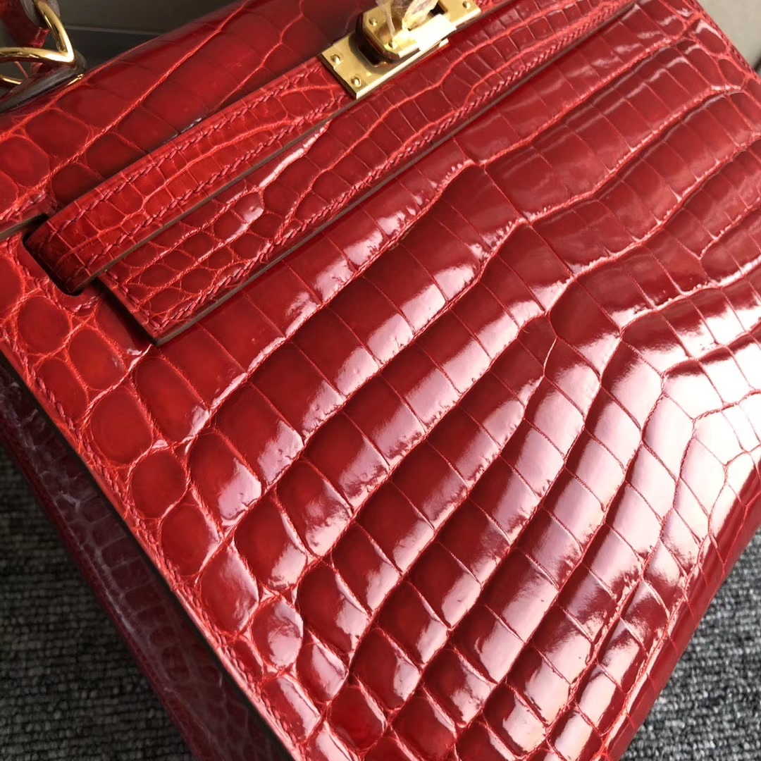 Hermès（爱马仕）Kelly 25cm Crocodile shiny 亮面鳄鱼 ck95 法拉利红 金扣 现货