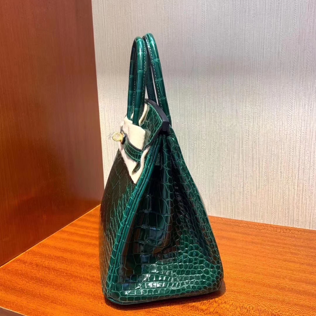 Hermès（爱马仕）Birkin 铂金包 亮面方块 美洲鳄鱼 Shiny Alligator Crocodile CK67祖母绿 金扣 25cm