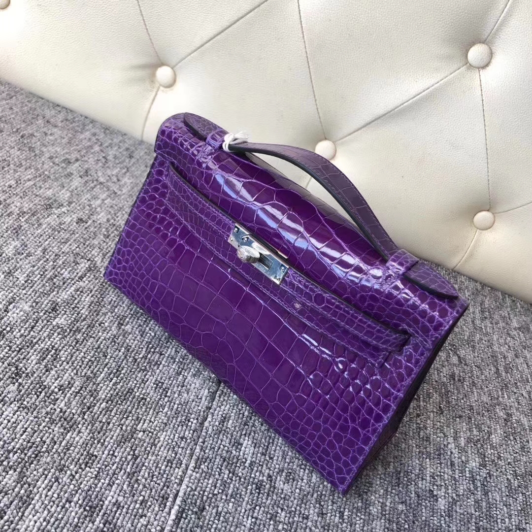 Hermès(爱马仕)Mini Kelly Pochette 22cm 亮面方块 美洲鳄鱼 极度紫 银扣 现货-拉尔森鳄鱼皮具定制 - 爱马仕包包官网 Hermès(爱马仕)Mini Kelly Pochette 22cm 亮面方块 美洲鳄鱼 极度紫 银扣 现货
