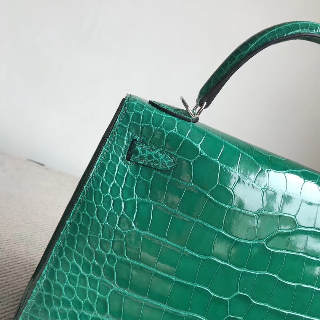 Hermès（爱马仕）Kelly 25cm Alligator shiny 亮面鳄鱼 6Ｑ 翡翠绿 银扣 顶级手缝 现货