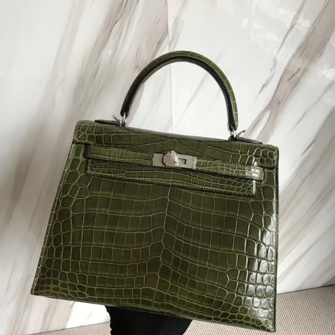 Hermès（爱马仕）Kelly 25cm Crocodile shiny 亮面鳄鱼 6H橄榄绿 银扣 顶级手缝 现货