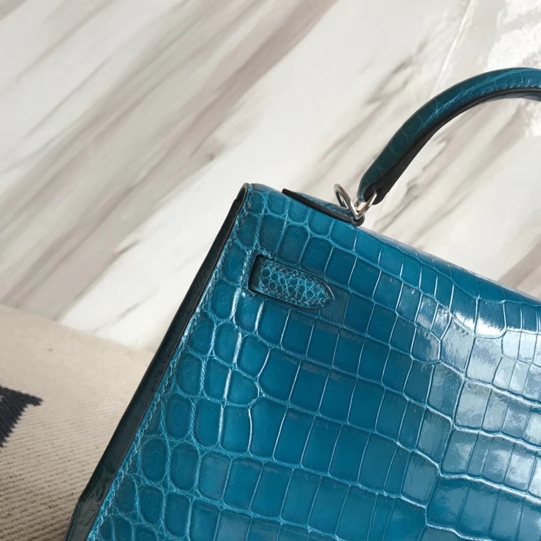 Hermès（爱马仕）Kelly 25cm Crocodile 亮面鳄鱼 7w 伊兹密尔蓝 银扣 顶级手缝 现货