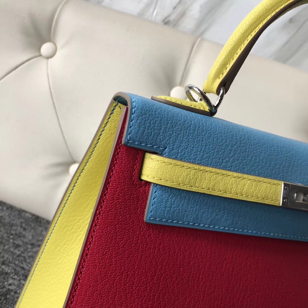 Hermès（爱马仕）Kelly 凯莉包 山羊皮 三拼色 银扣 25cm 定制