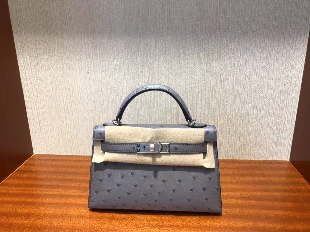 Hermès（爱马仕）Mini kelly ll Ostrich kk 鸵鸟 玛瑙灰 银扣 小可爱 现货