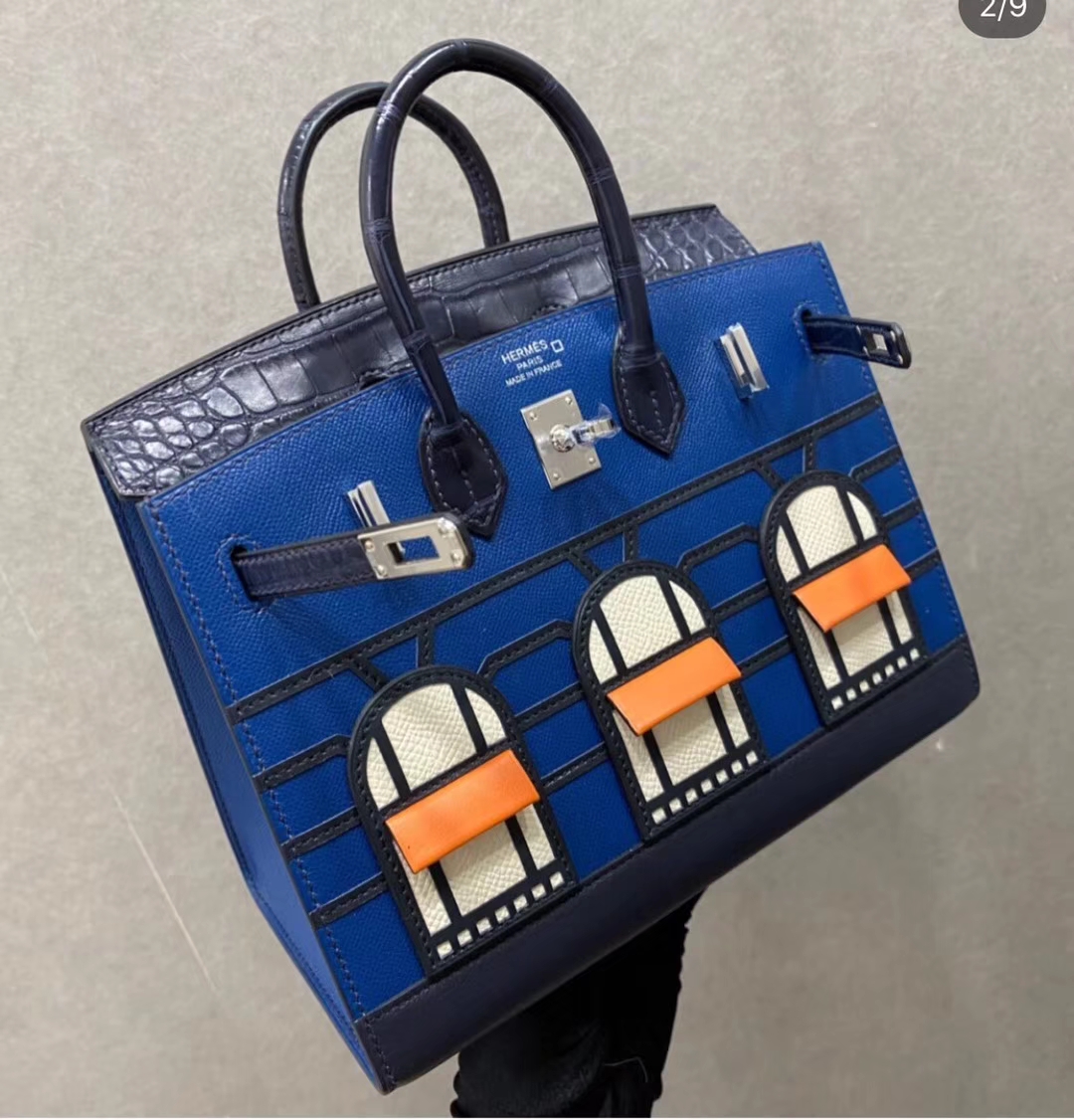 Hermès（爱马仕）Birkin 小房子 蓝色 超可爱 限量收藏级别 Epsom 拼 鳄鱼 外缝 20cm