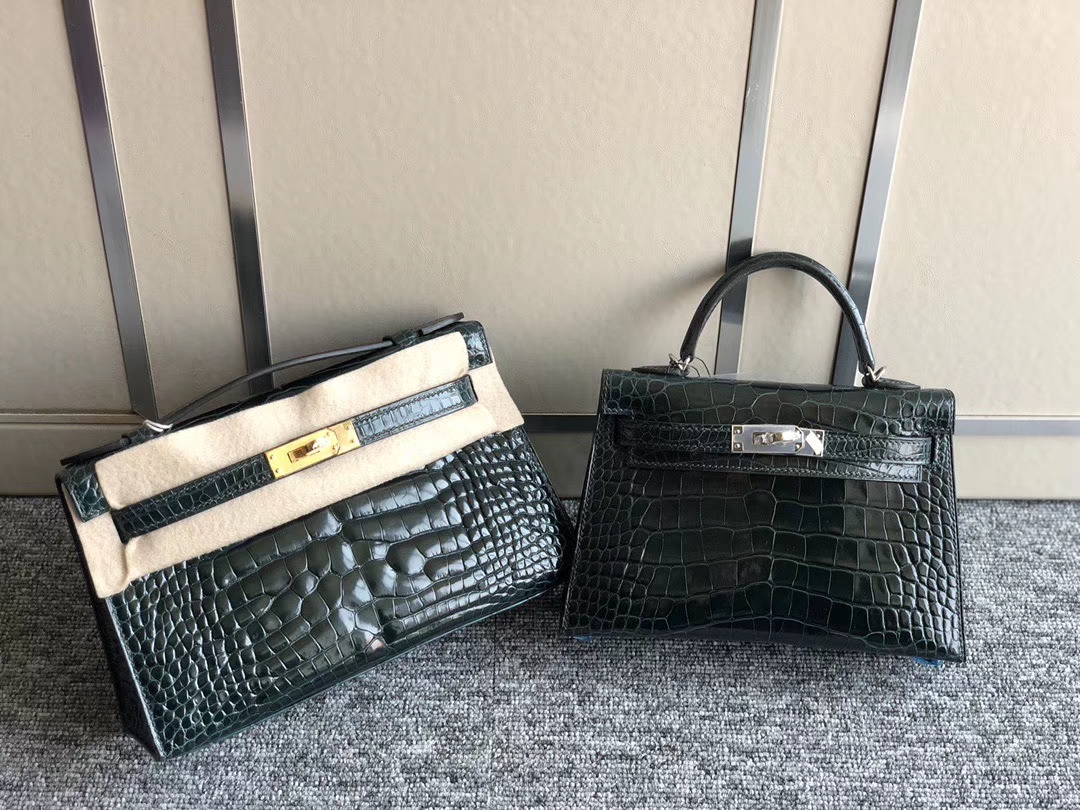 Hermès（爱马仕） Mini kelly ll Alligator shiny 亮面鳄鱼  6o 柏树绿 银扣 金扣 现货