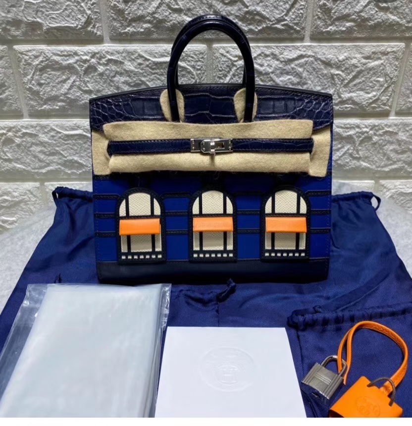 Hermès（爱马仕）Birkin 小房子 蓝色 超可爱 限量收藏级别 Epsom 拼 鳄鱼 外缝 20cm