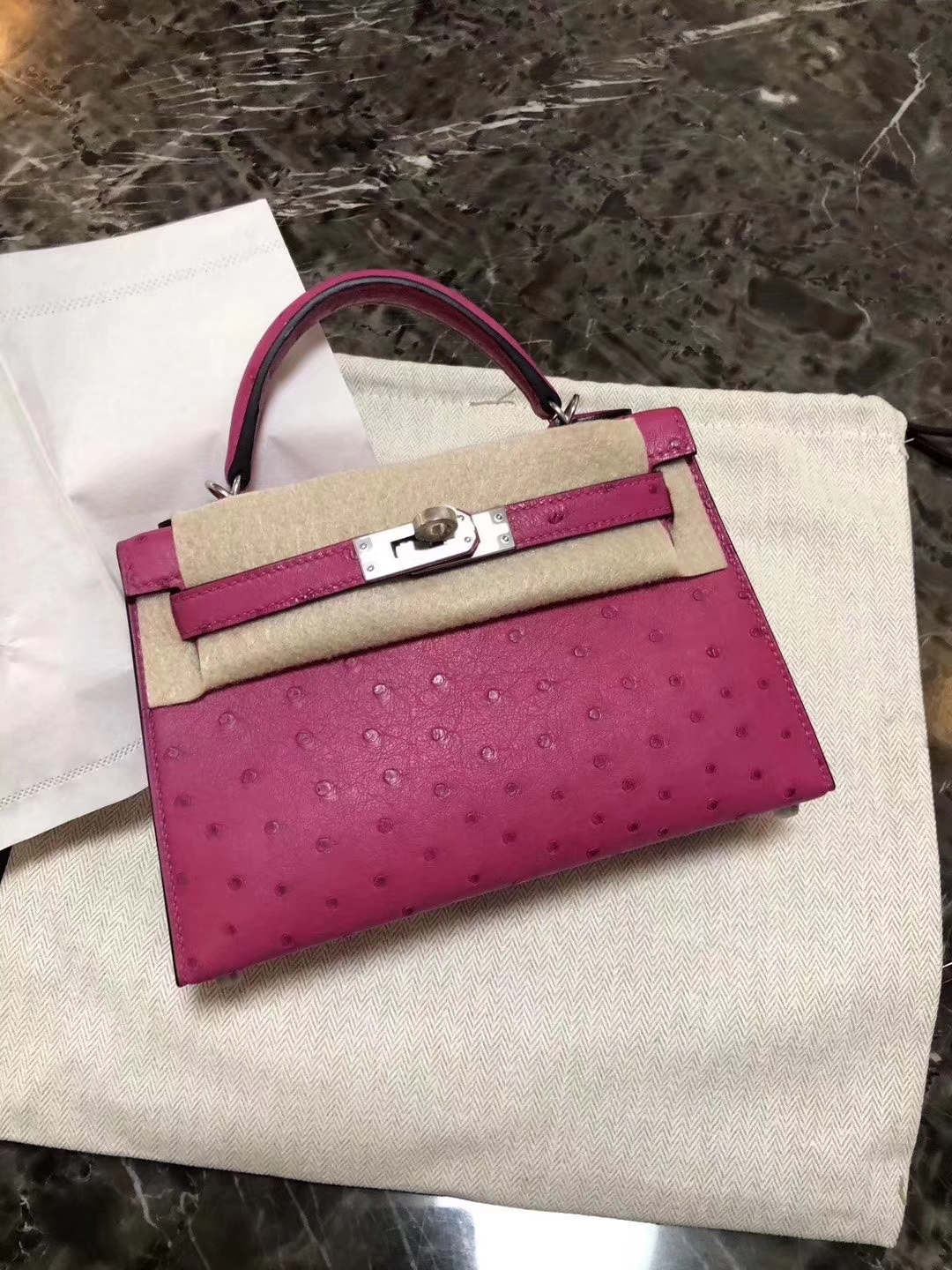 Hermès（爱马仕）Mini kelly ll Ostrich kk鸵鸟 L3 玫瑰紫 Rose purple 银扣 顶级手缝 现货