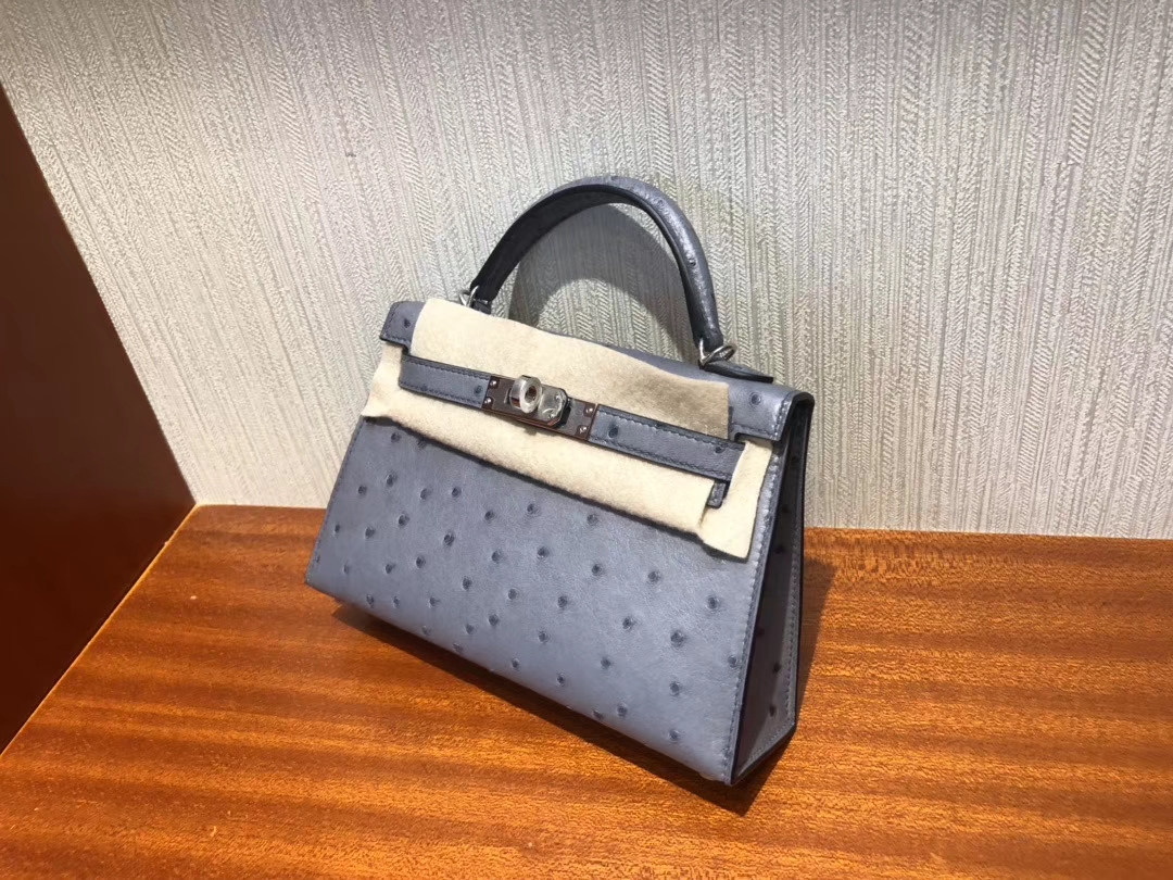 Hermès（爱马仕）Mini kelly ll Ostrich kk 鸵鸟 玛瑙灰 银扣 小可爱 现货