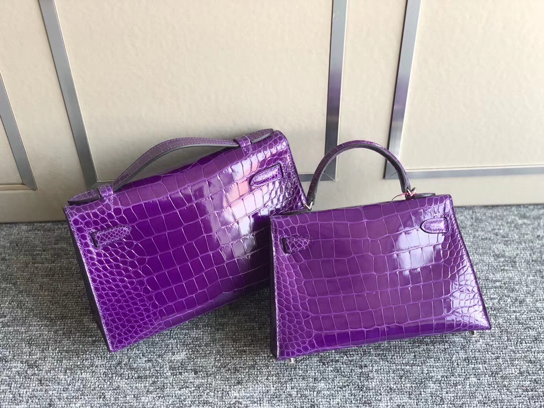 Hermès（爱马仕）Mini kelly ll Alligator shiny 亮面鳄鱼 5L 极度紫 银扣 现货
