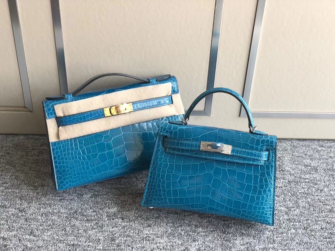Hermès（爱马仕）Mini kelly pochette 22cm Alligator shiny 亮面鳄鱼 7w 伊兹密尔蓝 金扣 银扣