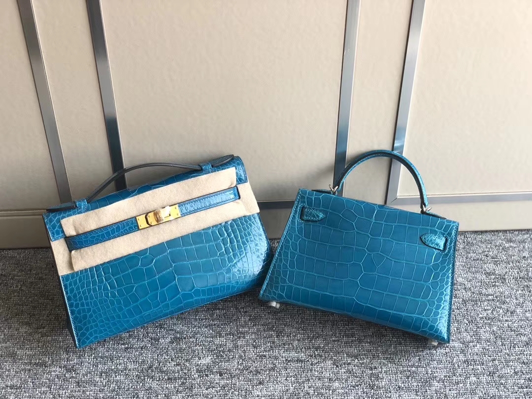 Hermès（爱马仕）Mini kelly pochette 22cm Alligator shiny 亮面鳄鱼 7w 伊兹密尔蓝 金扣 银扣