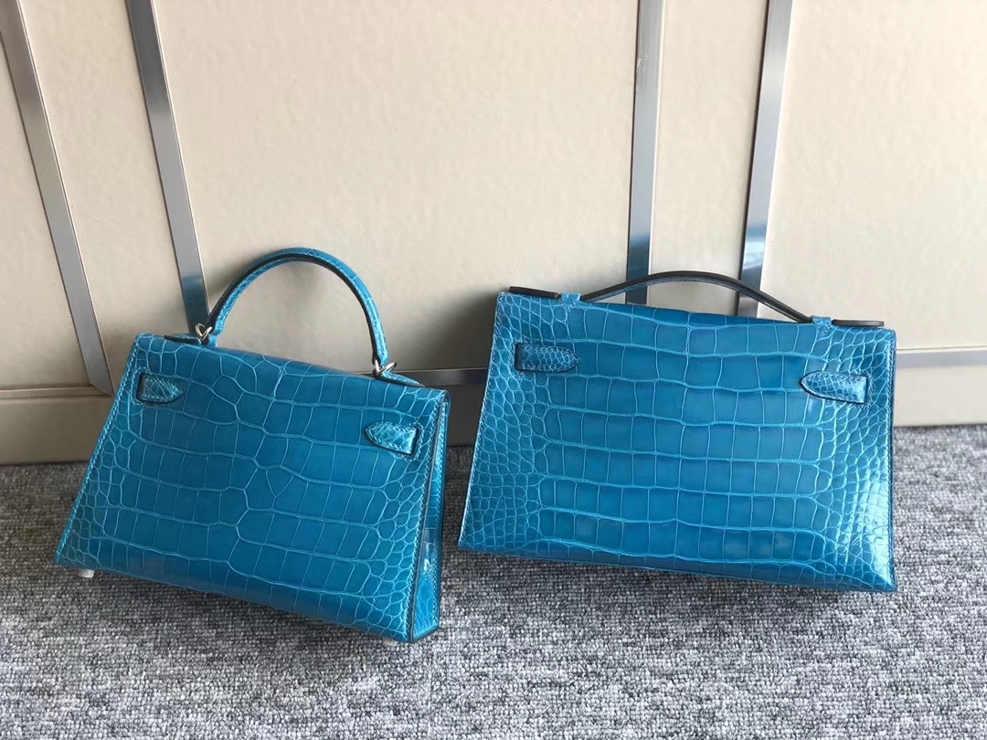 Hermès（爱马仕）Mini kelly pochette 22cm Alligator shiny 亮面鳄鱼 7w 伊兹密尔蓝 金扣 银扣