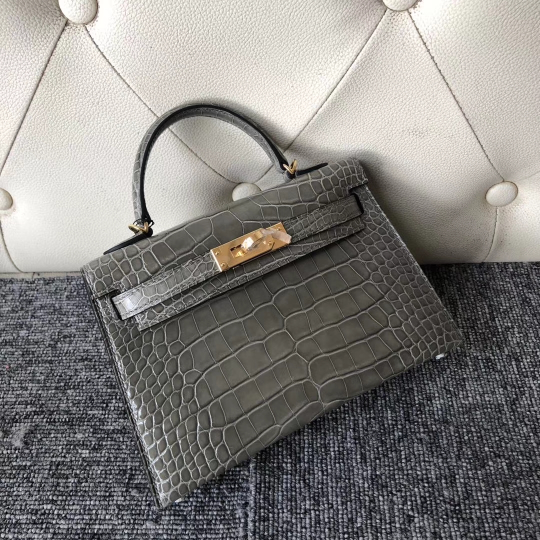 Hermès（爱马仕）Mini kelly ll Alligator shiny 亮面鳄鱼 ck 81 斑鸠灰 Gris T 金扣 顶级手缝