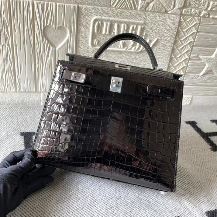 Hermès（爱马仕）Kelly 凯莉包 亮面鳄鱼皮 黑色 银扣 25cm