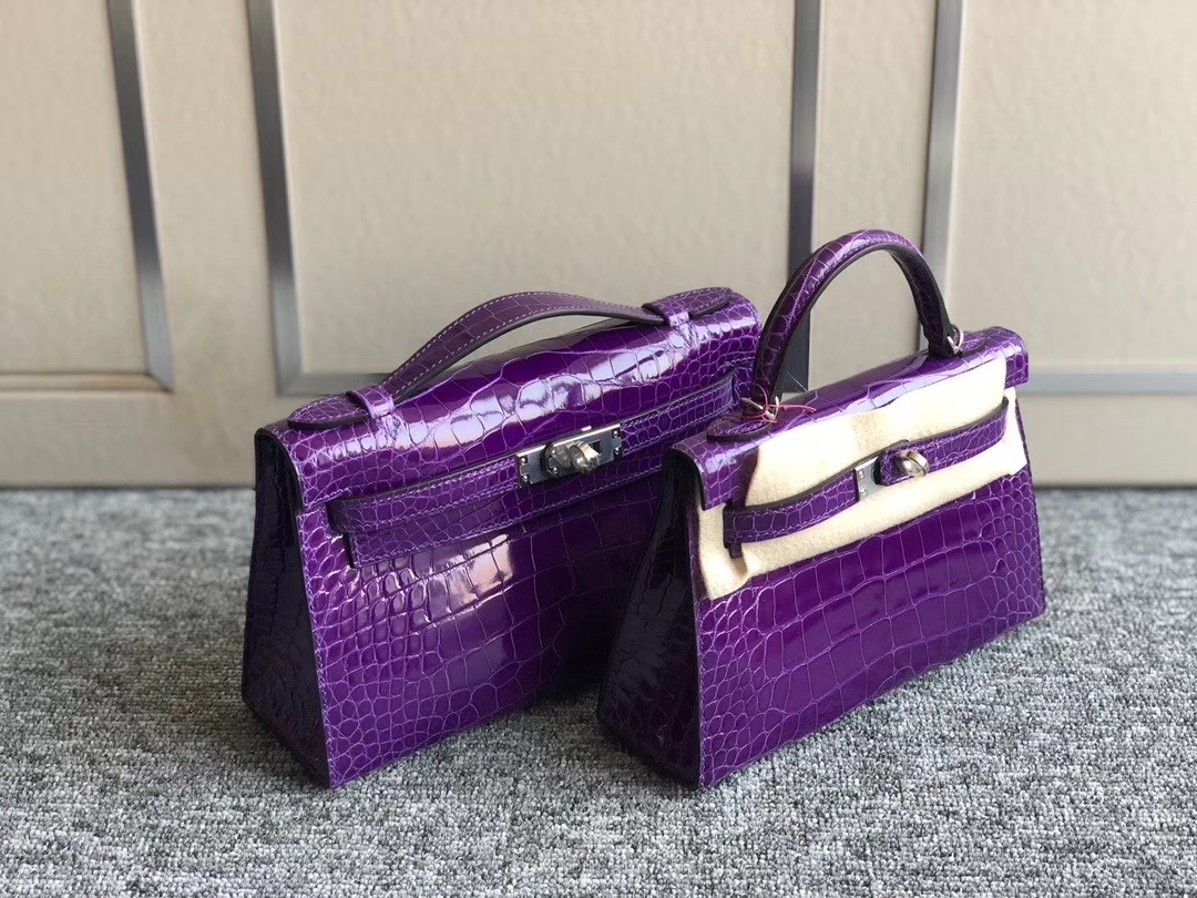 Hermès（爱马仕）Mini kelly ll Alligator shiny 亮面鳄鱼 5L 极度紫 银扣 现货