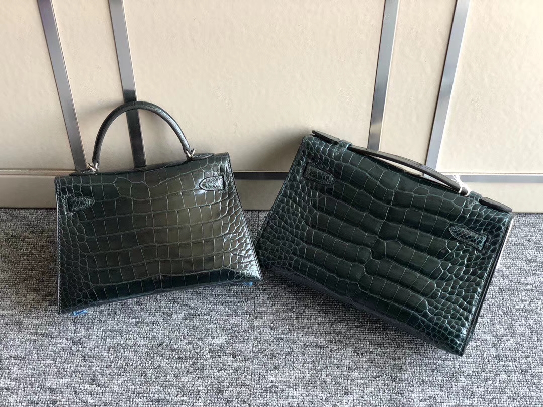 Hermès（爱马仕） Mini kelly ll Alligator shiny 亮面鳄鱼  6o 柏树绿 银扣 金扣 现货