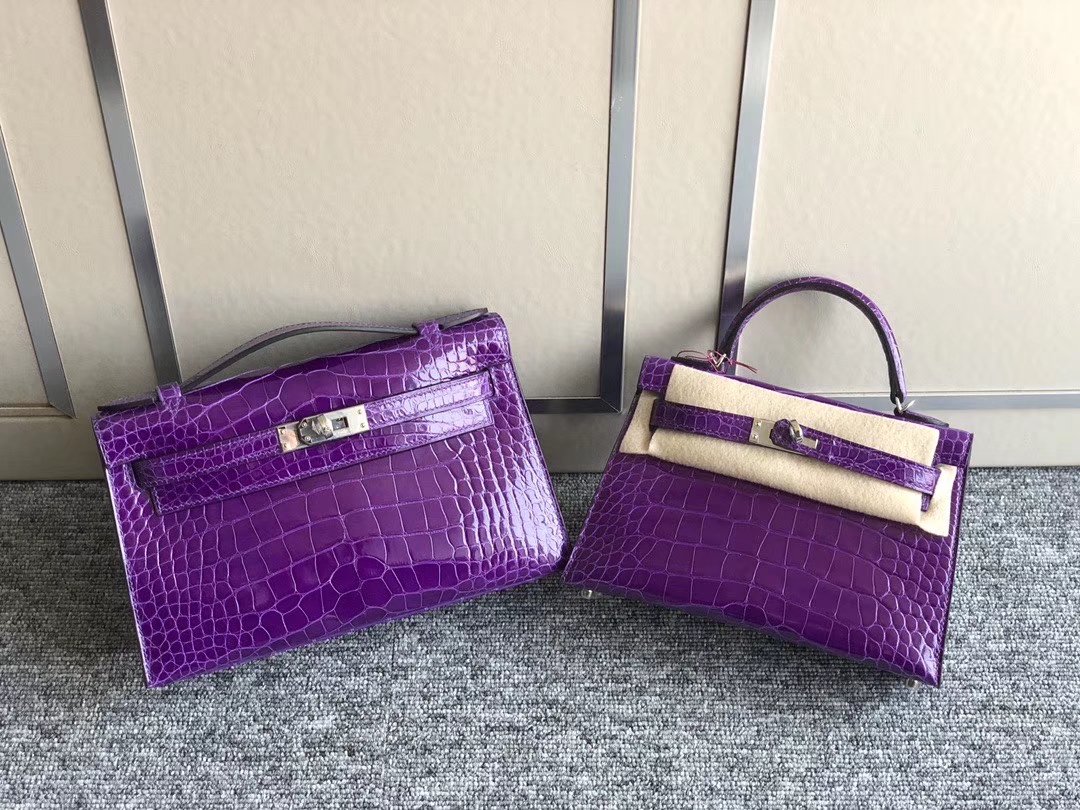 Hermès（爱马仕）Mini kelly ll Alligator shiny 亮面鳄鱼 5L 极度紫 银扣 现货