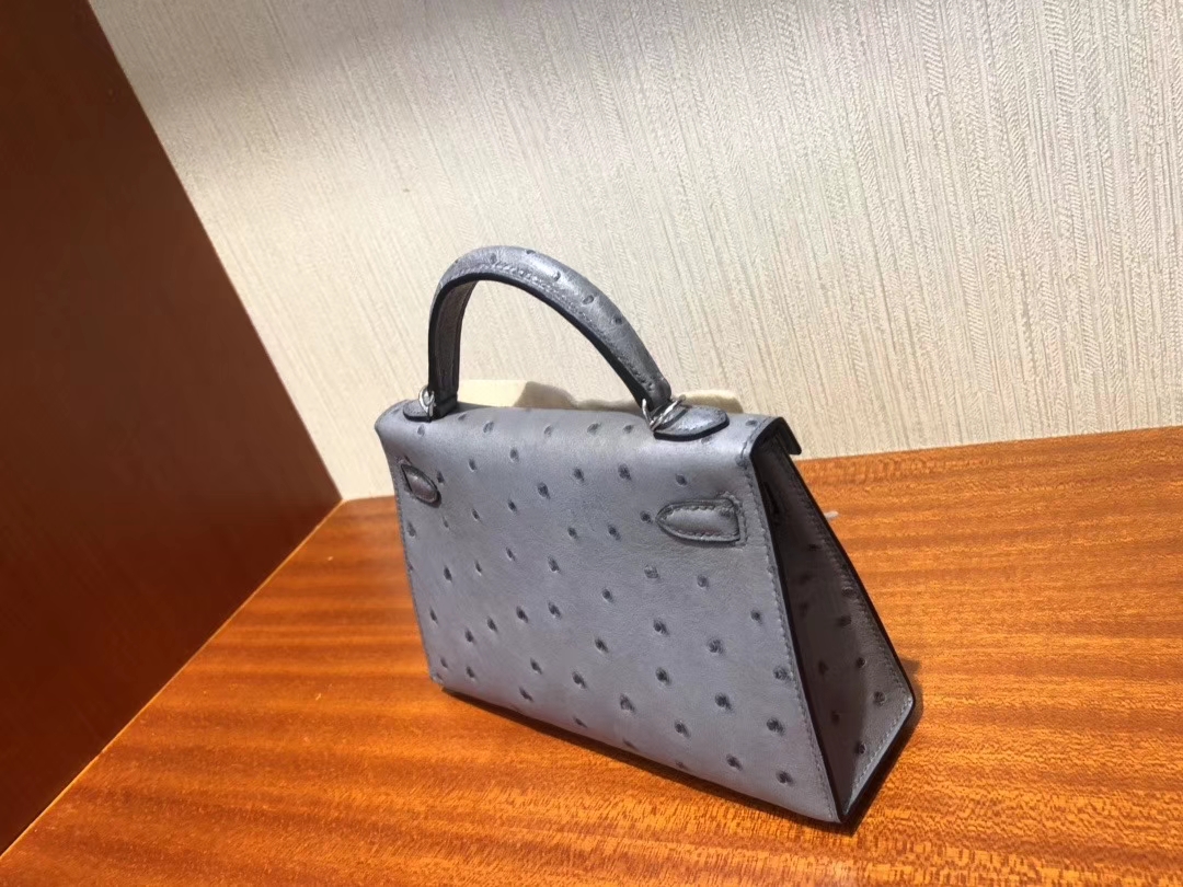Hermès（爱马仕）Mini kelly ll Ostrich kk 鸵鸟 玛瑙灰 银扣 小可爱 现货