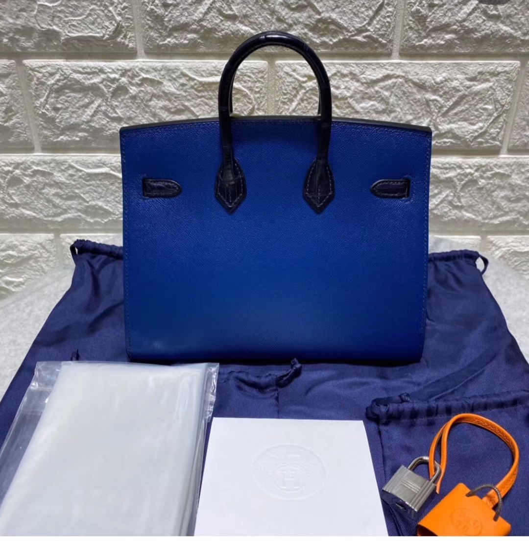 Hermès（爱马仕）Birkin 小房子 蓝色 超可爱 限量收藏级别 Epsom 拼 鳄鱼 外缝 20cm