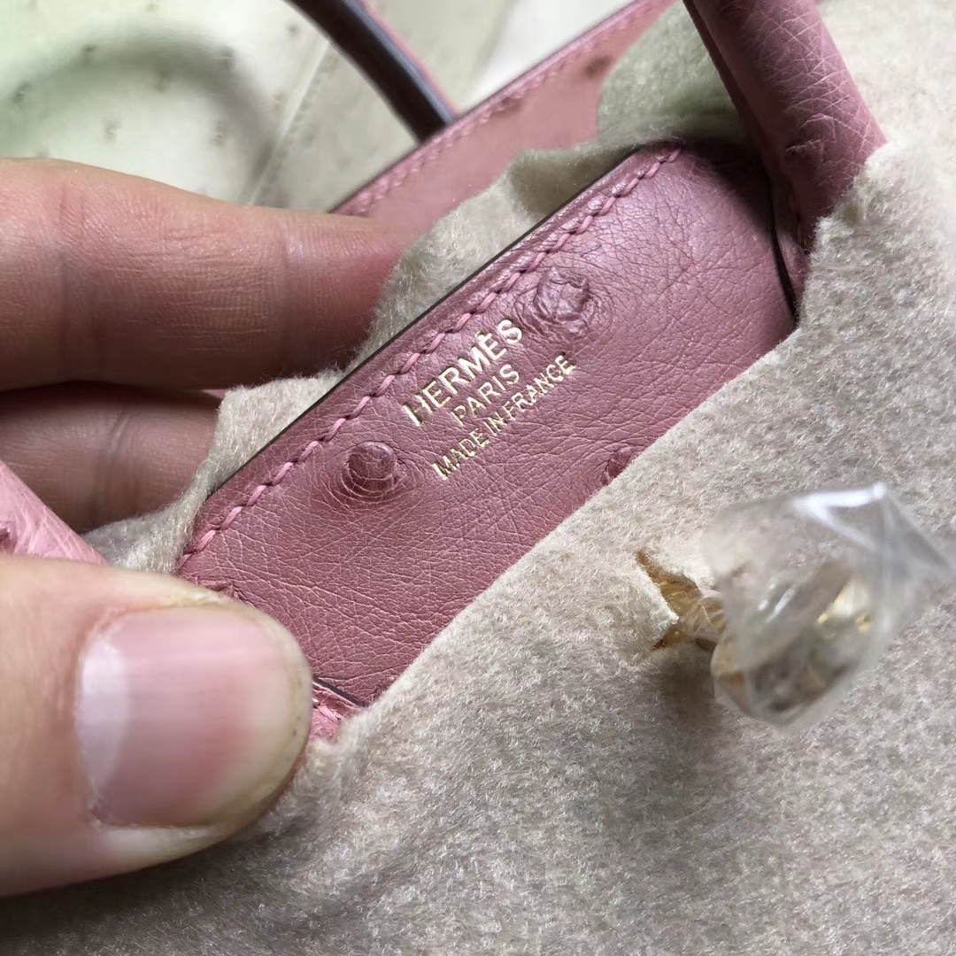 Hermès（爱马仕）Birkin 铂金包 Ostrich kk鸵鸟 cc94 陶瓷粉 金扣 25cm