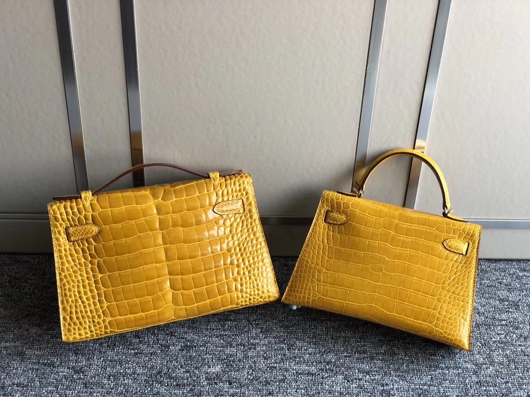 Hermès（爱马仕）Mini kelly pochette 22cm Alligator shiny 亮面鳄鱼 9D 琥珀黄 Ambre 金扣