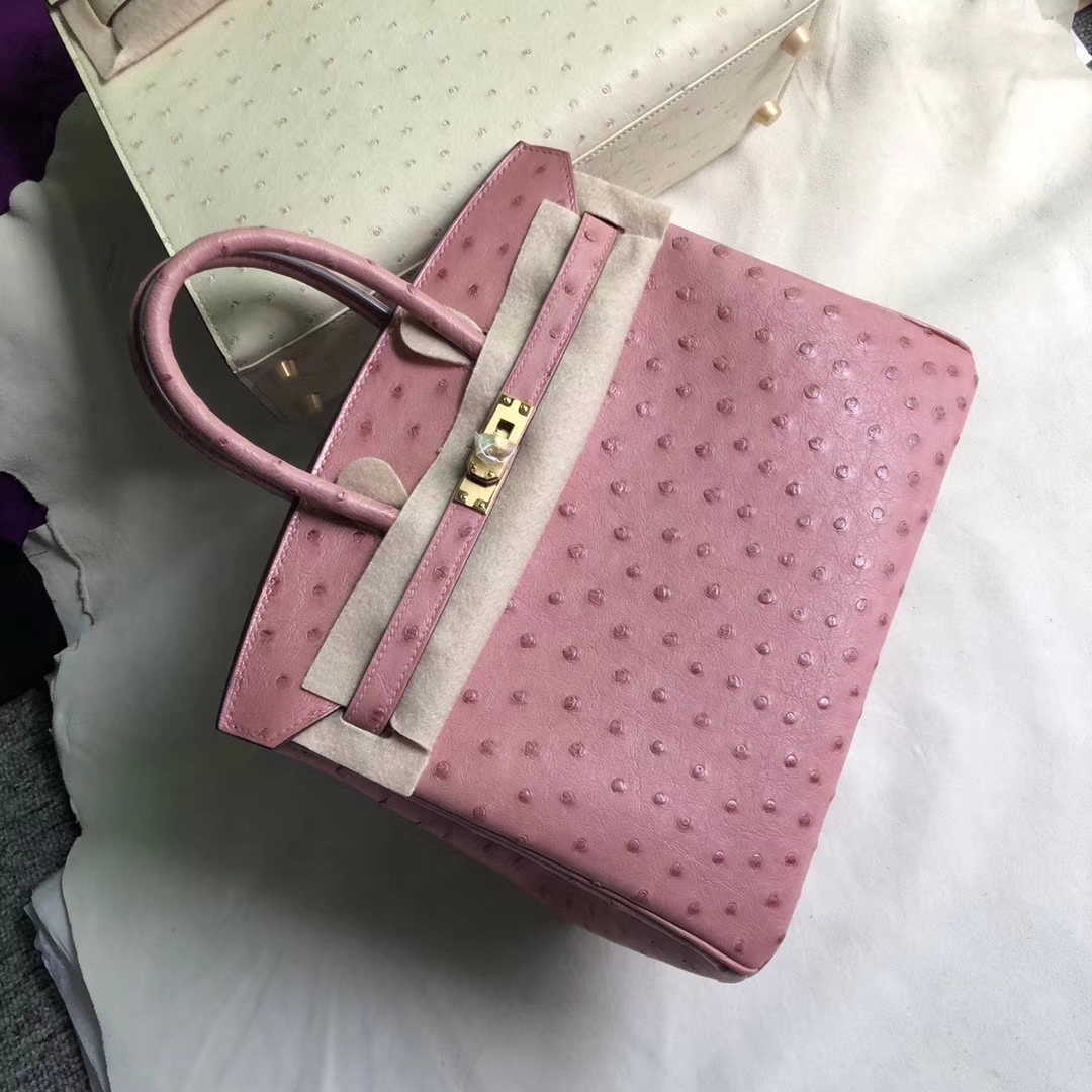 Hermès(爱马仕)Birkin 铂金包 Ostrich kk鸵鸟 cc94 陶瓷粉 金扣 25cm-拉尔森鳄鱼皮具定制 - 爱马仕包包官网 Hermès(爱马仕)Birkin 铂金包 Ostrich kk鸵鸟 cc94 陶瓷粉 金扣 25cm