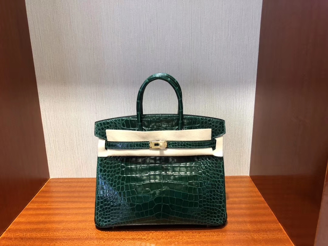 Hermès（爱马仕）Birkin 25cm Alligator shiny 亮面鳄鱼 ck67 祖母绿 Vert fonce 金扣 顶级手缝 现货