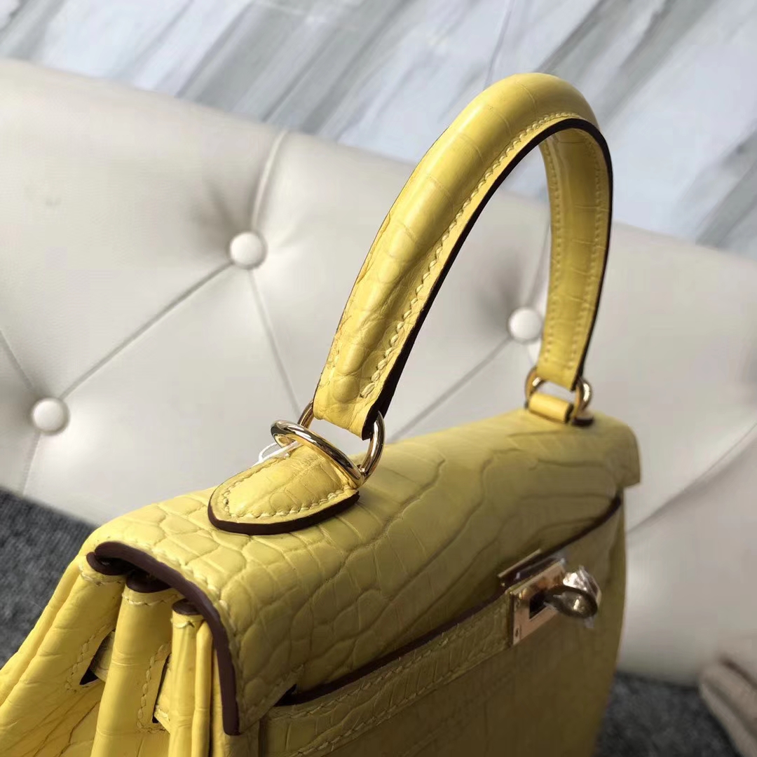 Hermès（爱马仕）Kelly 凯莉包 Matt alligator crocodile 雾面美洲鳄 柠檬黄 蜡线全手工 25cm 接受预定