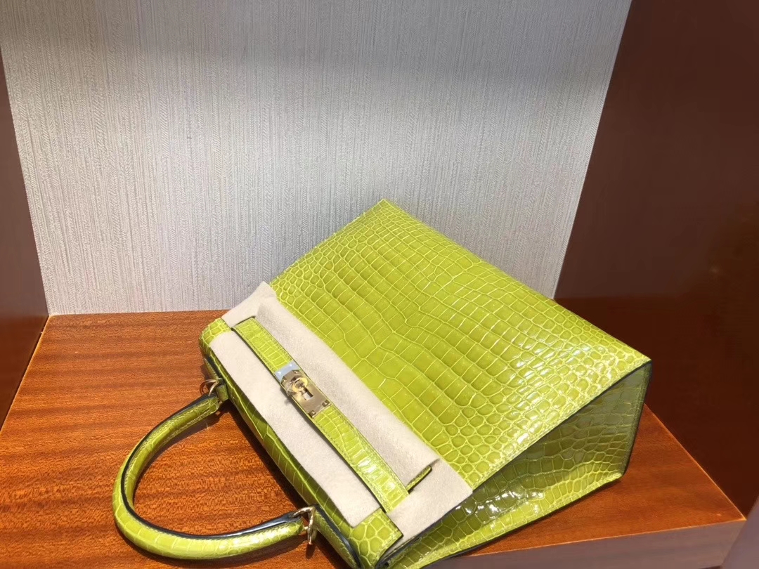 Hermès（爱马仕）Kelly 28cm Porosus shiny 亮面澳洲湾鳄 6R 奇异果绿 Kiwi 金扣 顶级手缝 超美