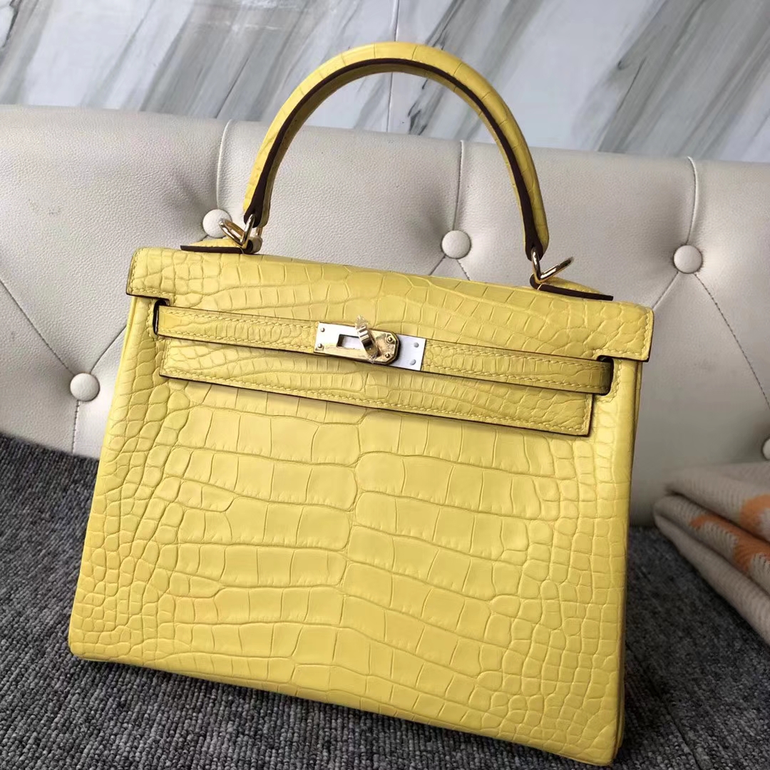 Hermès（爱马仕）Kelly 凯莉包 Matt alligator crocodile 雾面美洲鳄 柠檬黄 蜡线全手工 25cm 接受预定