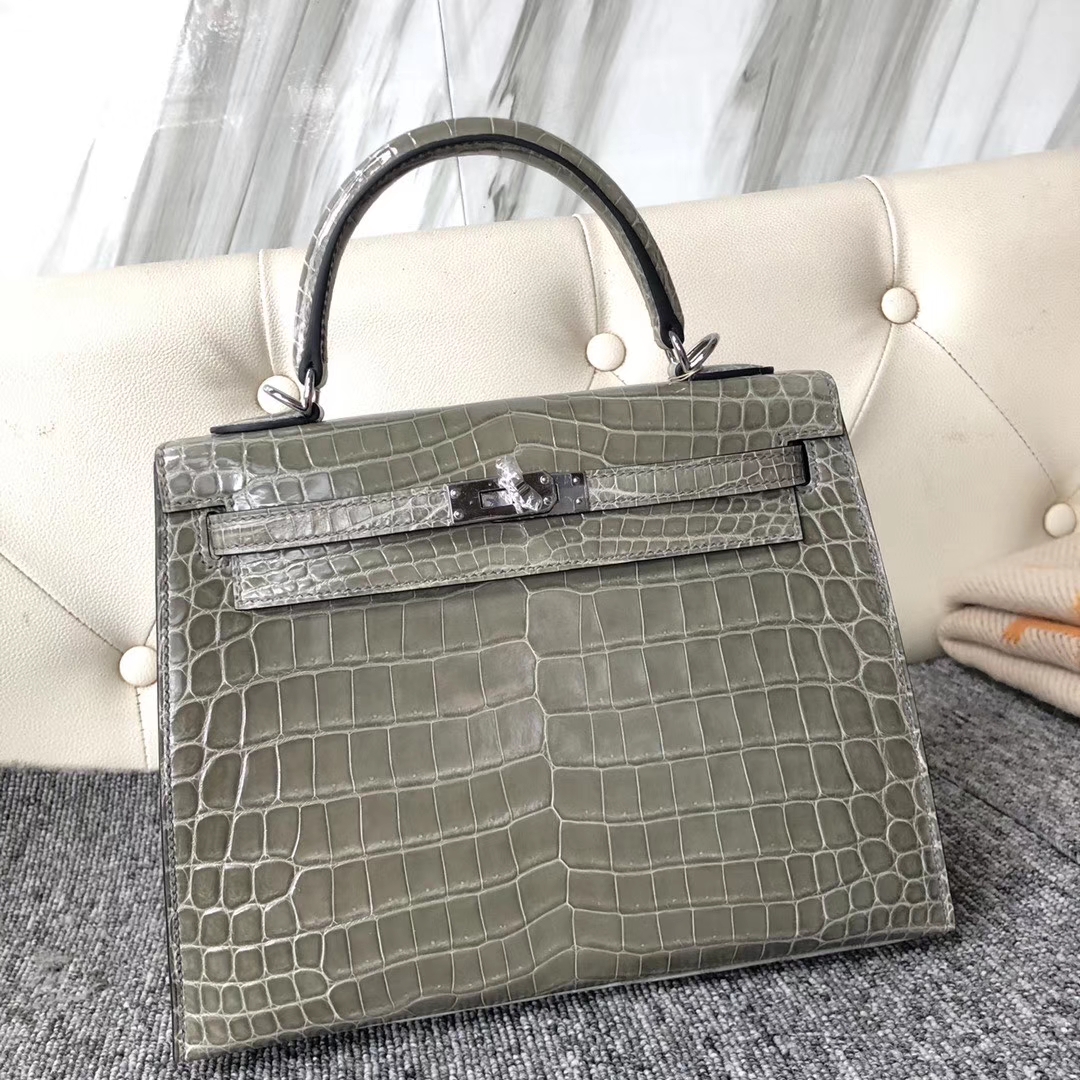 Hermès（爱马仕）Kelly 25cm Crocodile shiny 亮面鳄鱼 ck81 斑鸠灰 Gris T 银扣 现货