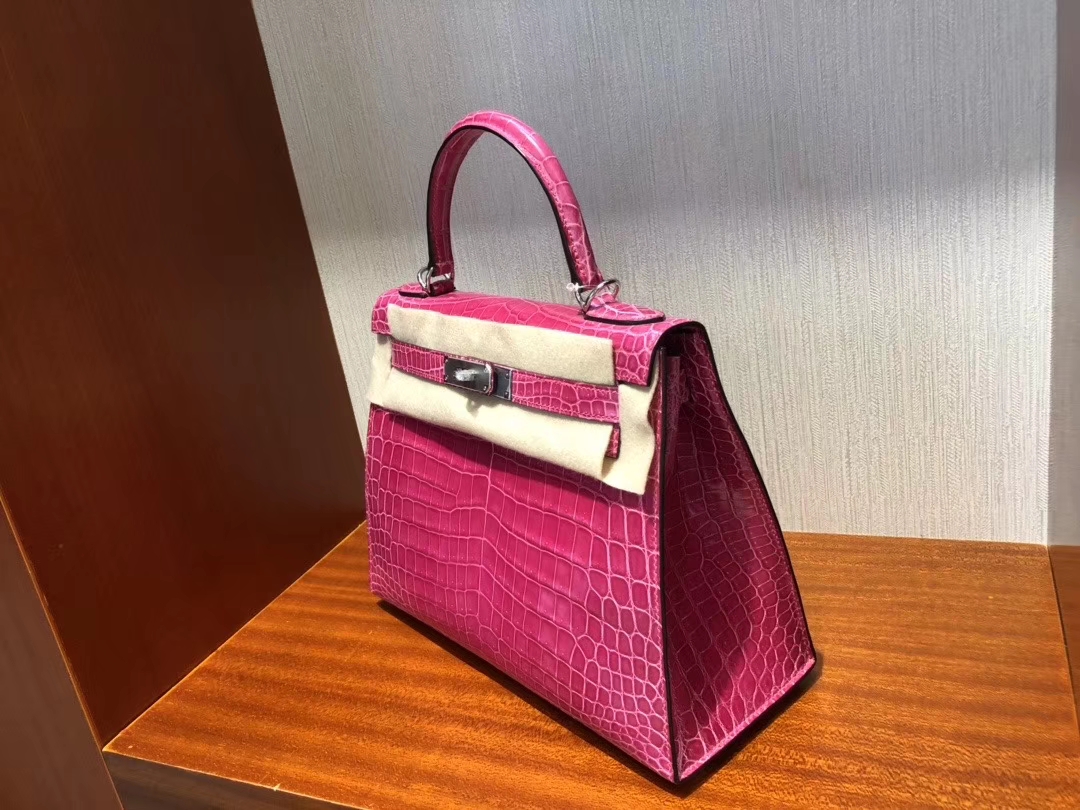 Hermès（爱马仕）Kelly 凯莉包 Crocodile shiny 亮面鳄鱼 5J 桃红 桃粉 银扣 顶级手缝 超美 28cm